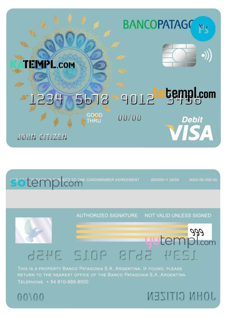 Argentina Banco Patagonia bank visa card debit card template in PSD format, fully editable
